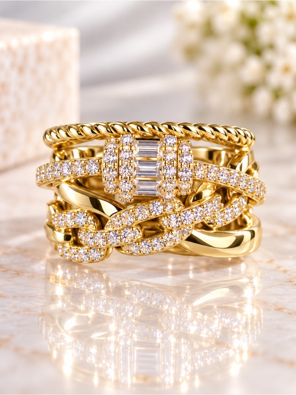 Multi Row Cable Chain Link 14kt gold plated Stainless Steel Adjustable Ring